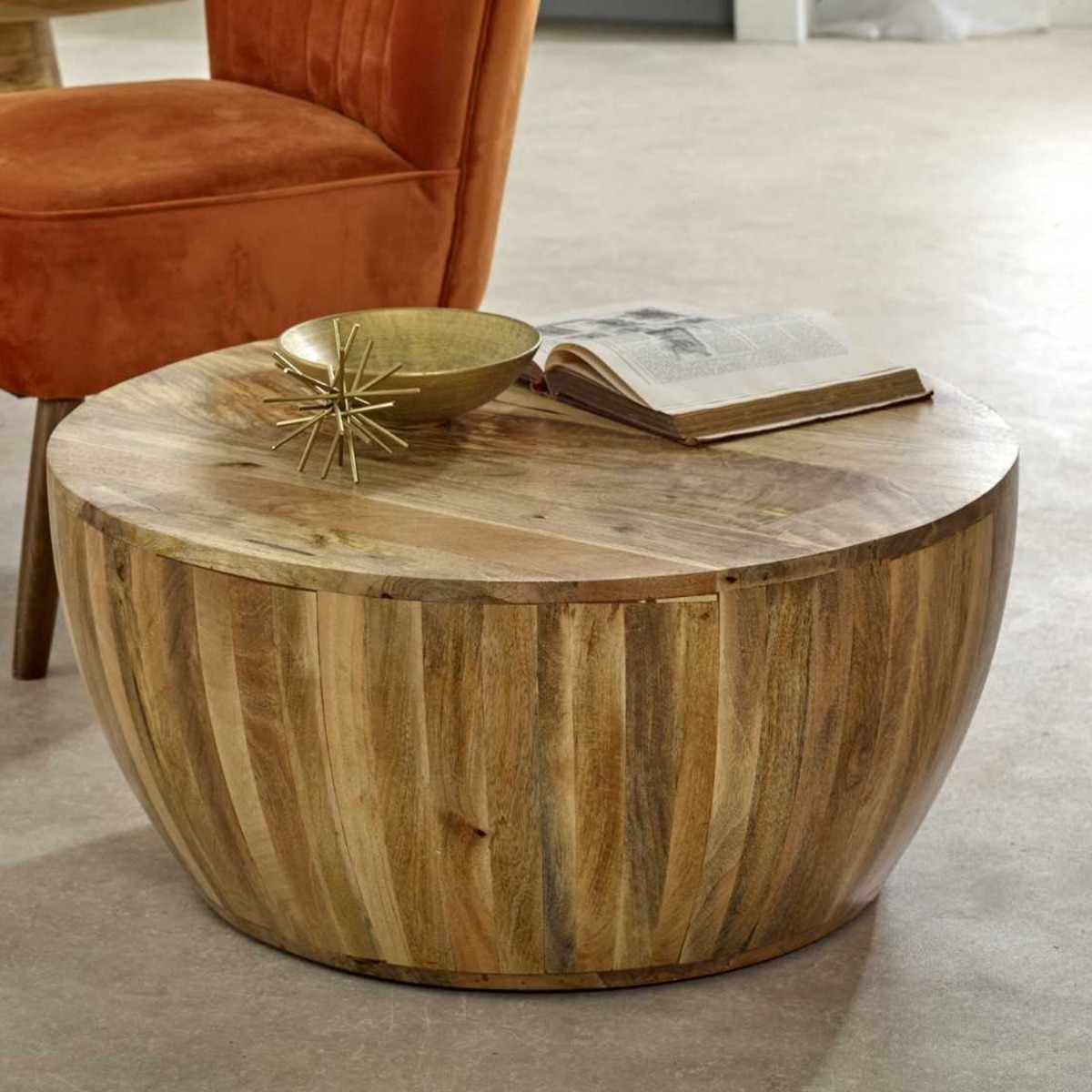 Powell Solid Wood Drum Style Coffee Table - Natural Wood - Elfrida Interiors