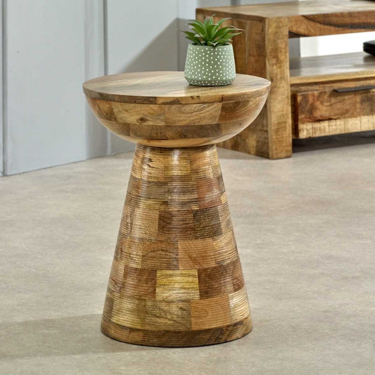 Powell Solid Wood Mushroom Style Round Side Table - Natural Wood - Elfrida Interiors