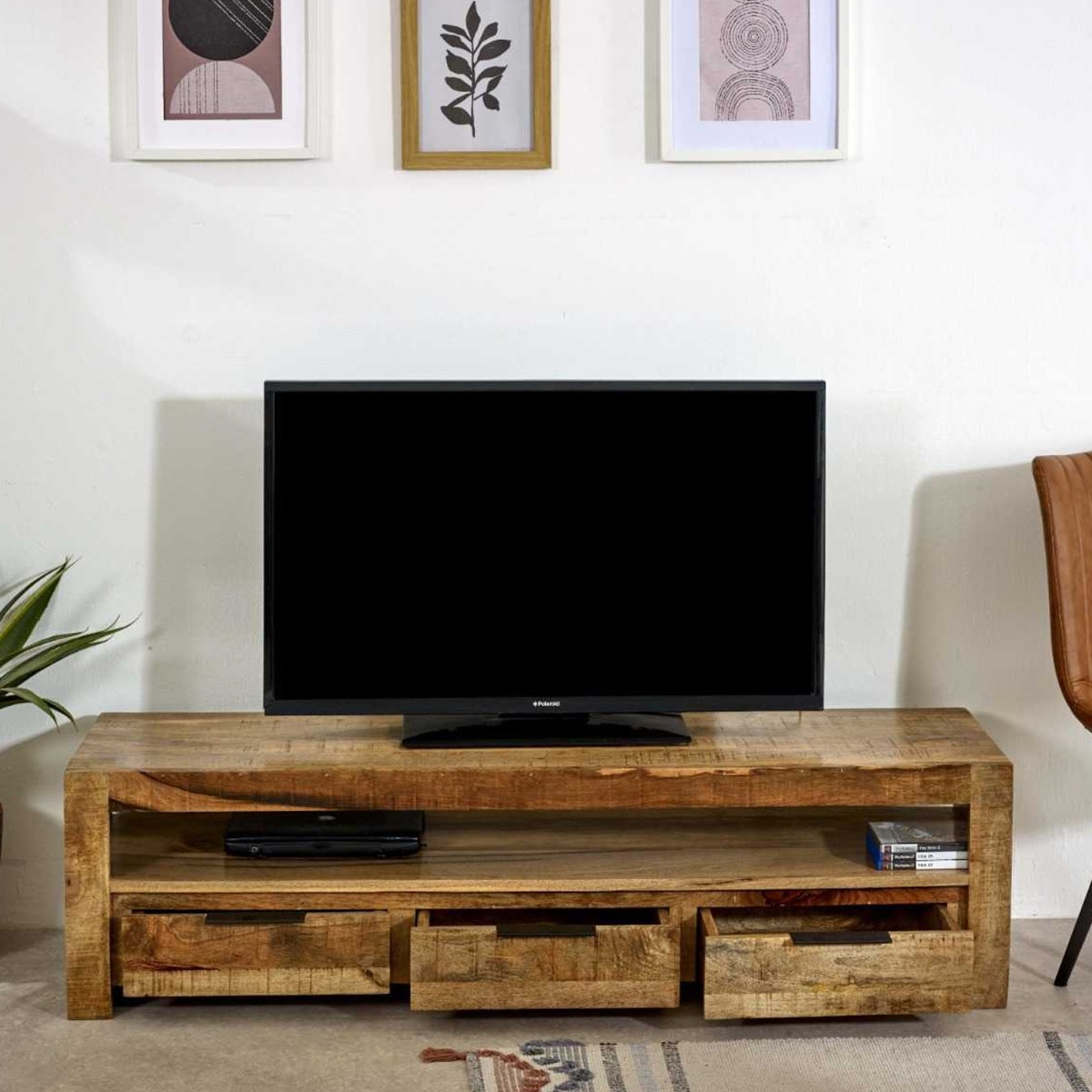 Powell Solid Wood Large Tv Stand With 3 Drawers - Natural Wood - Elfrida Interiors