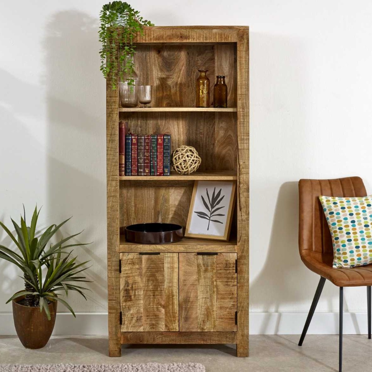 Powell Solid Wood Bookcase With Doors - Natural Wood - Elfrida Interiors