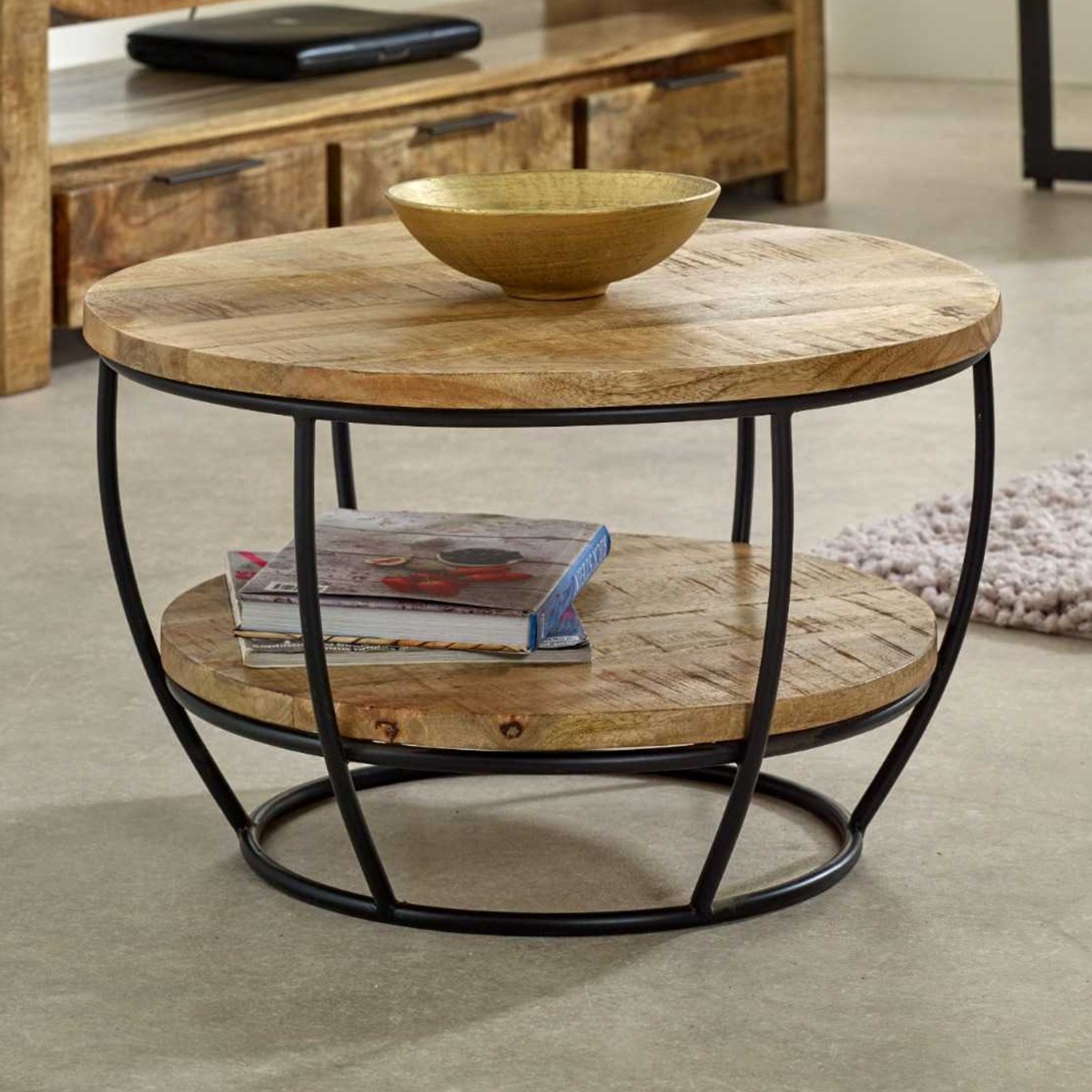 Powell Black Metal Frame Solid Wood Coffee Table With Shelf - Natural Wood - Elfrida Interiors