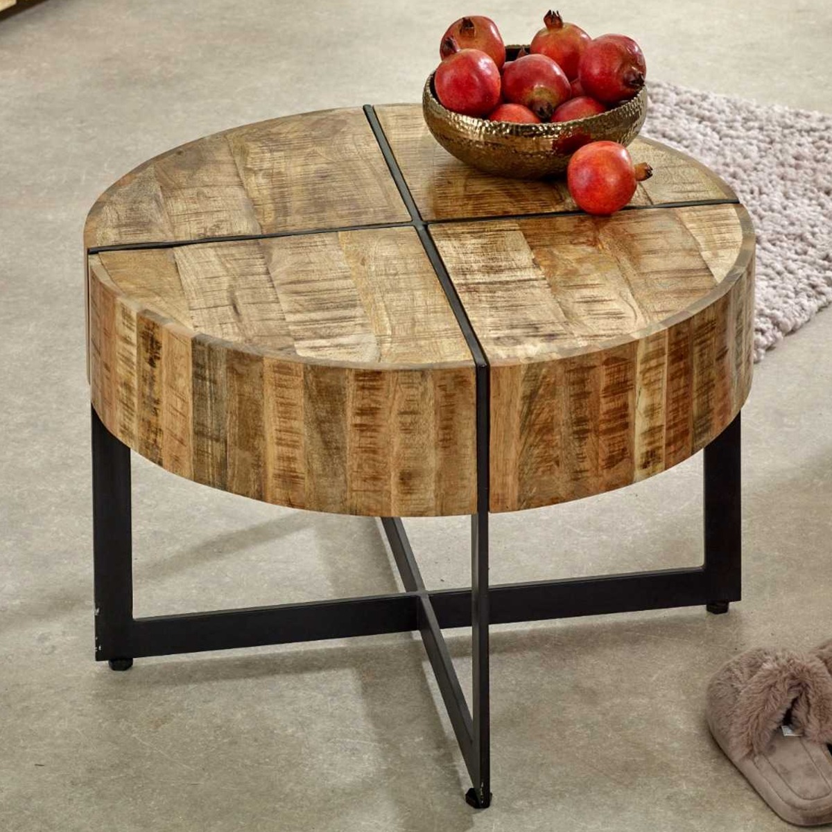 Powell Black Metal Legs Solid Wood Coffee Table - Natural Wood - Elfrida Interiors