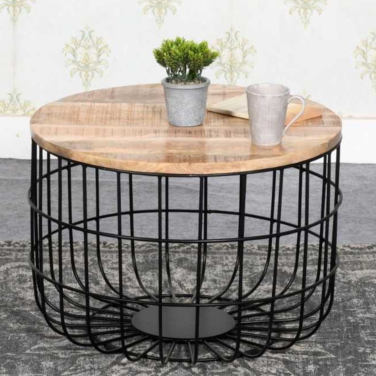 Powell Black Metal Wire Solid Wood Coffee Table With Removable Top - Natural Wood - Elfrida Interiors