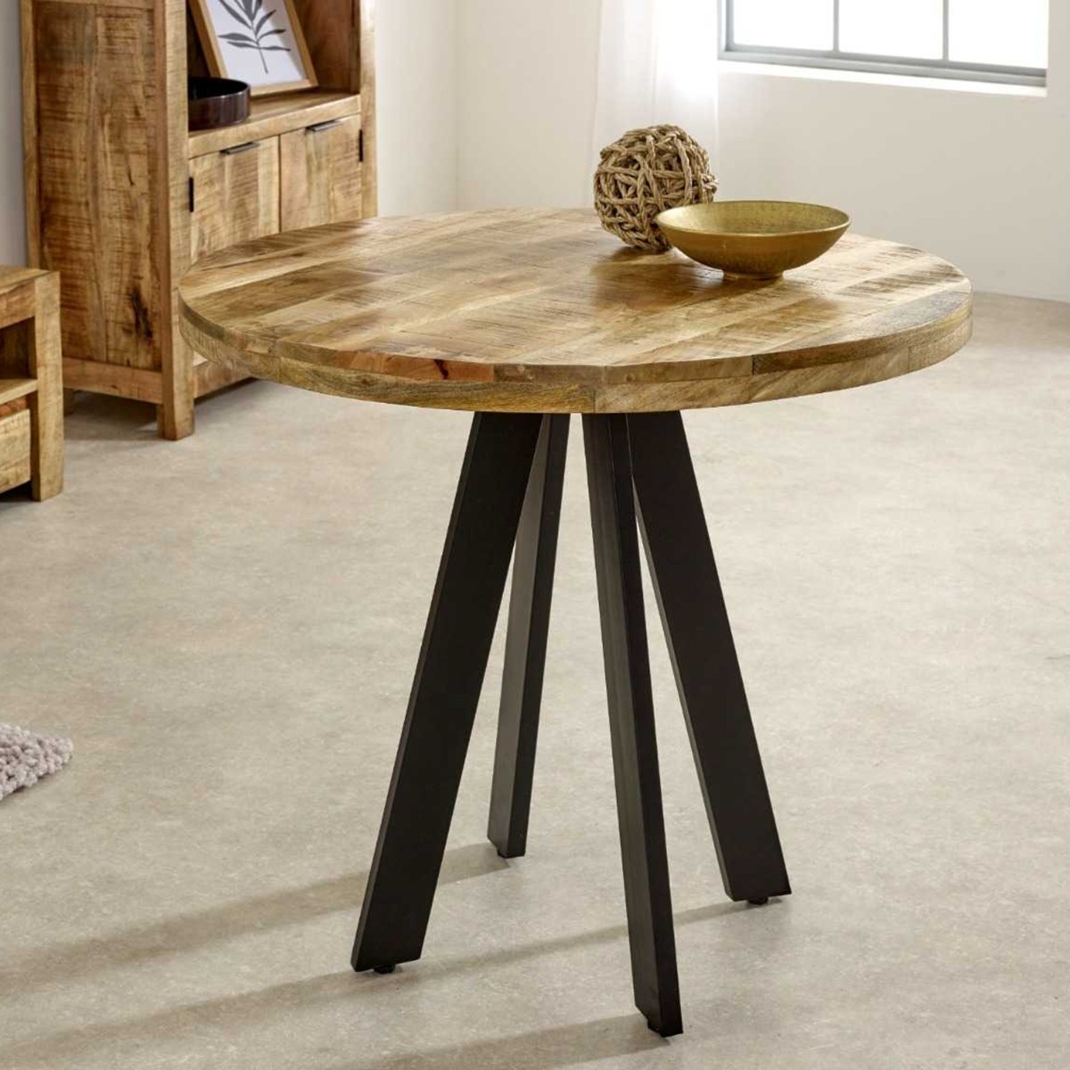Powell Black Metal Legs Round Dining Table 4 Seater - Natural Wood - Elfrida Interiors