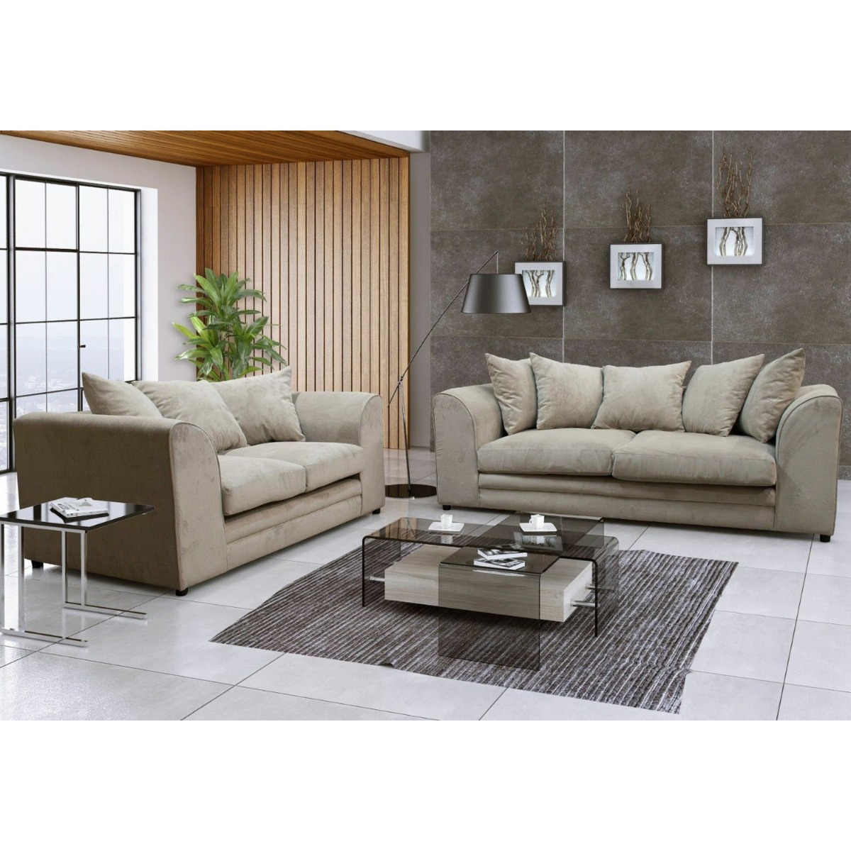 DOWEY Chenille Fabric 3 Seater and 2 Seater Scatterback Sofa Set - Beige - Home Done