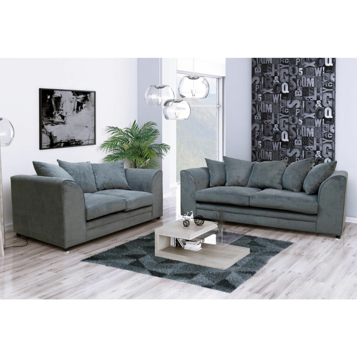 DOWEY Chenille Fabric 3 Seater and 2 Seater Scatterback Sofa Set - Grey - Home Done