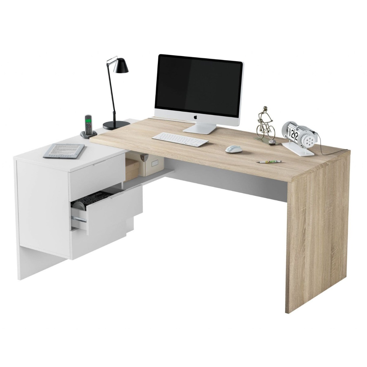 Modern Oak and White Computer Desk with Storage Drawers and Shelf - Dalton Home
