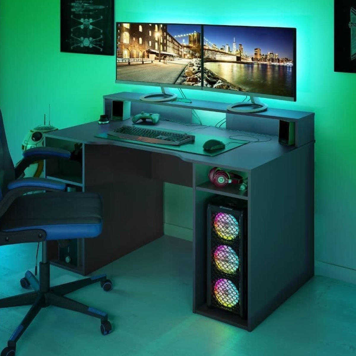 Modern Design Gaming Desk With Hutch - Dark Grey - Dalton Home