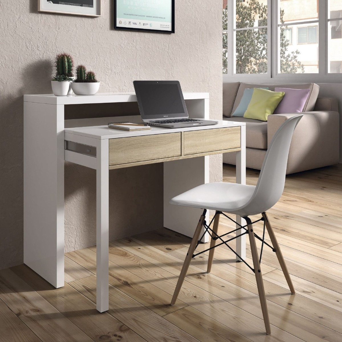 Modern Design 2 Drawer Desk - White and Oak - Dalton Home