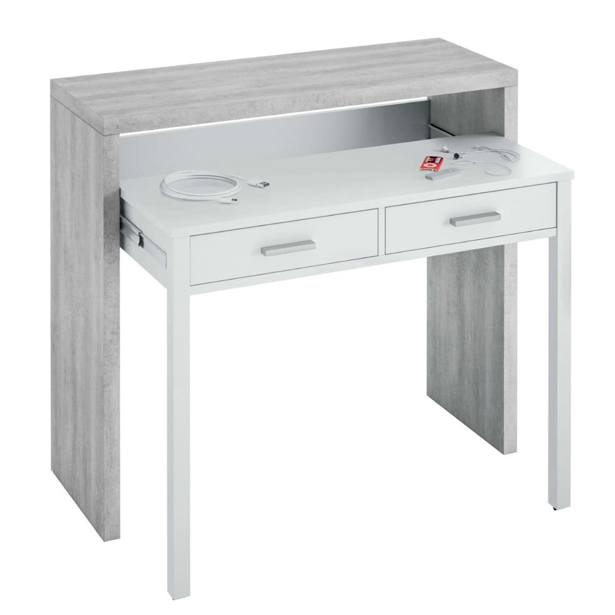 Modern Design 2 Drawer Desk - Concrete Grey with White - Dalton Home