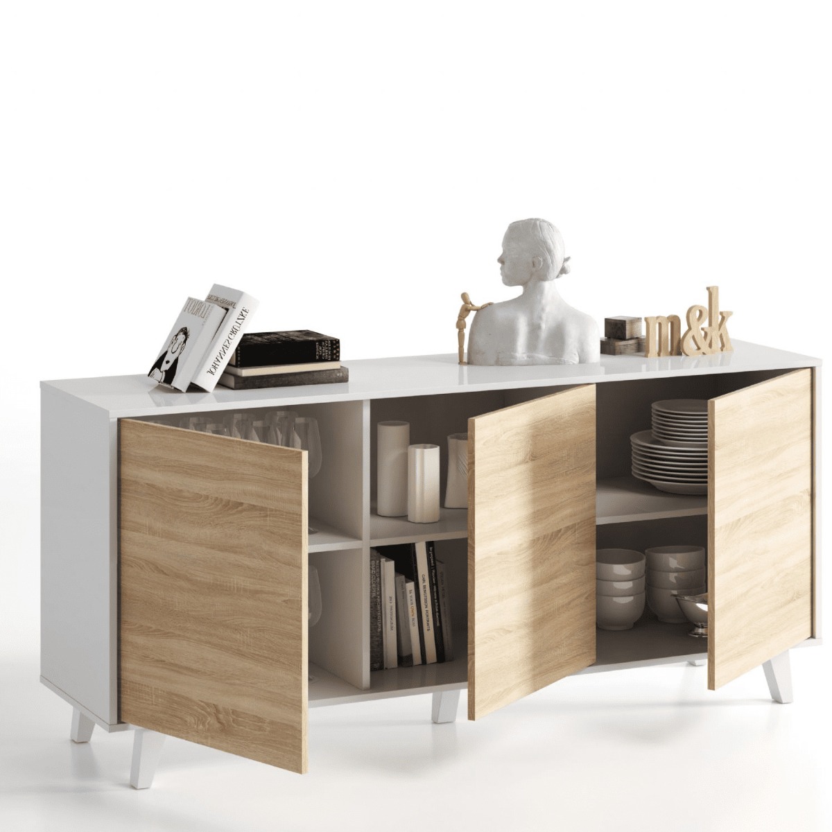 Oak Effect with White 3 Doors Sideboard with Doors and Internal Storage Shelves - Dalton Home