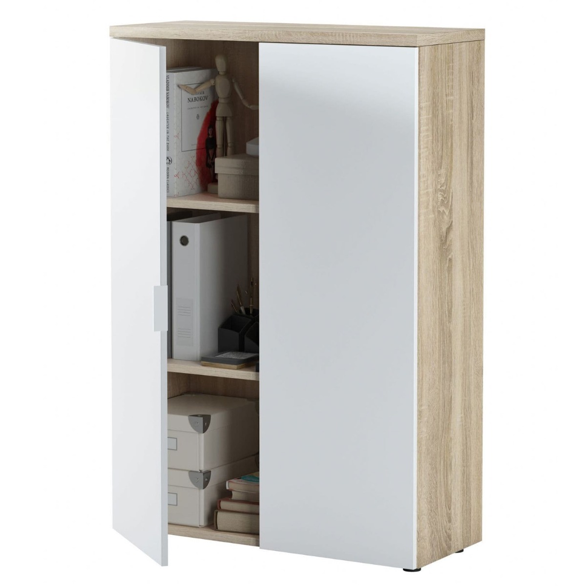 Modern Oak and White Storage Cupboard with Two Doors and Shelves - Dalton Home