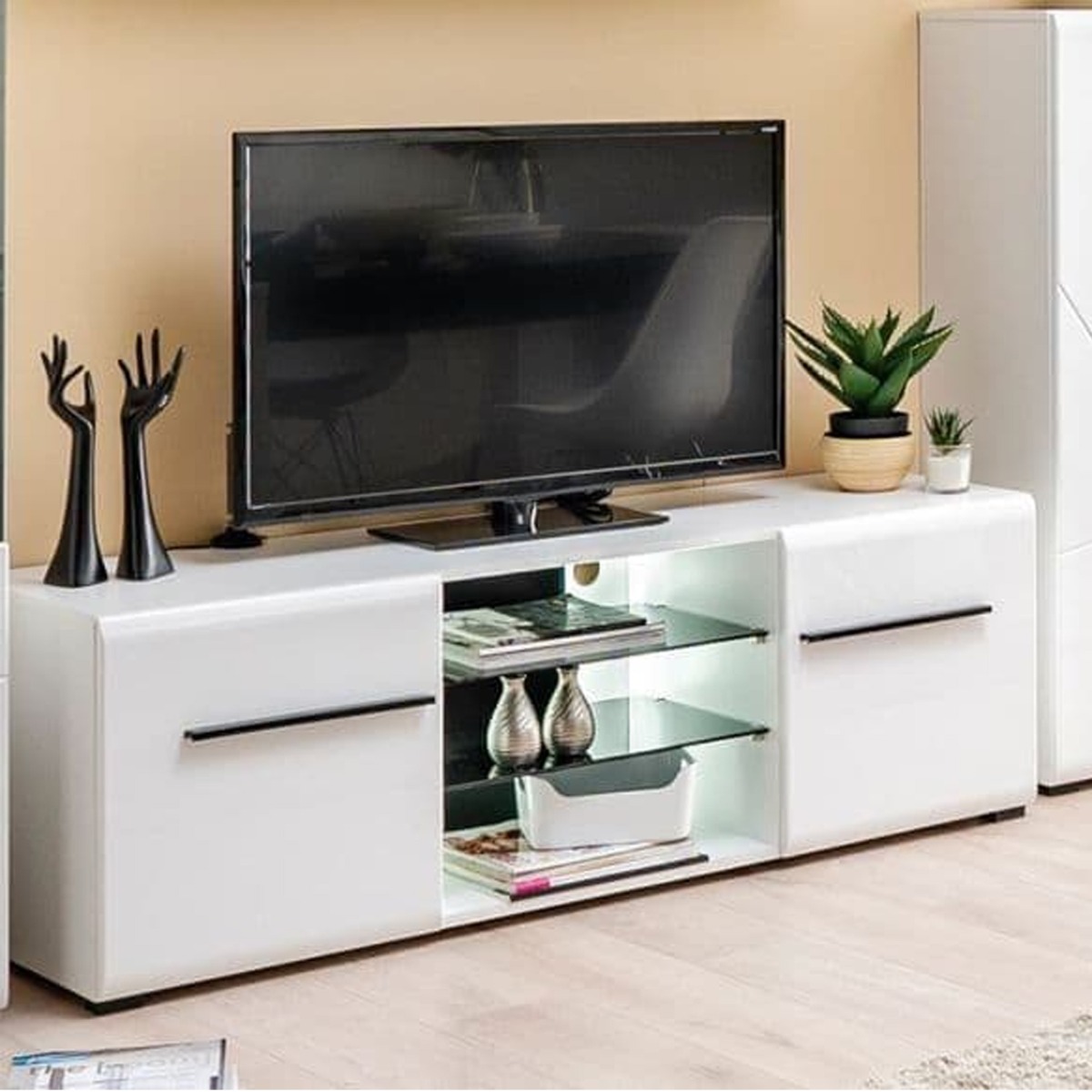 Kaspars Large 2 Doors Tv Cabinet with 2 Glass Shelves - White High Gloss Fronts Matt White Sides And Top - Dalton Home