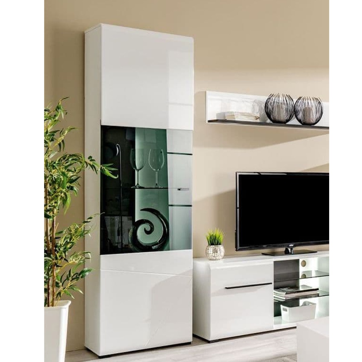 Kaspars 2 Doors Tall Display Cabinet - White High Gloss Fronts Matt White Sides And Top - Dalton Home