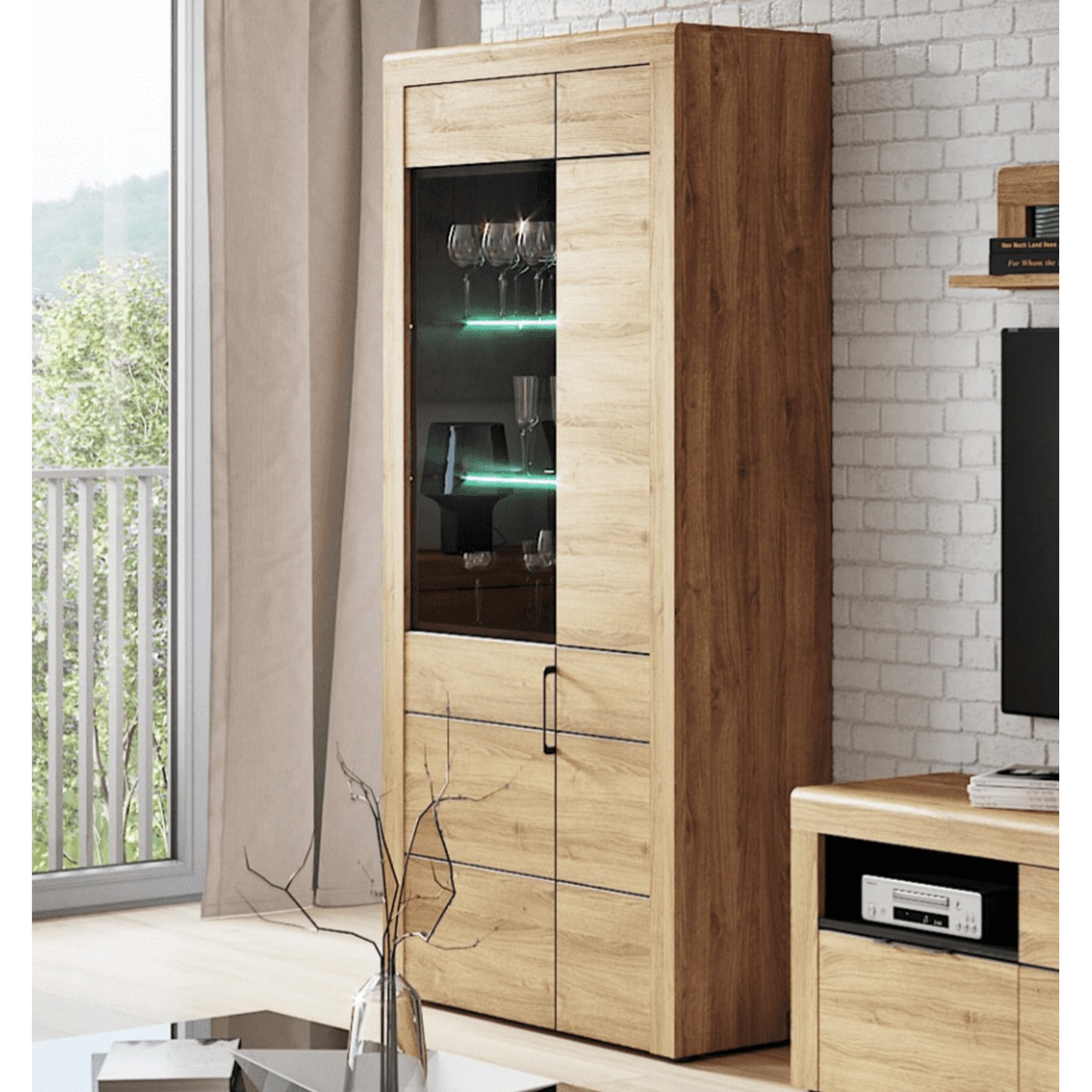 Allison Large 2 Door Display Cabinet with LED Lighting - Oak Effect - Dalton Home