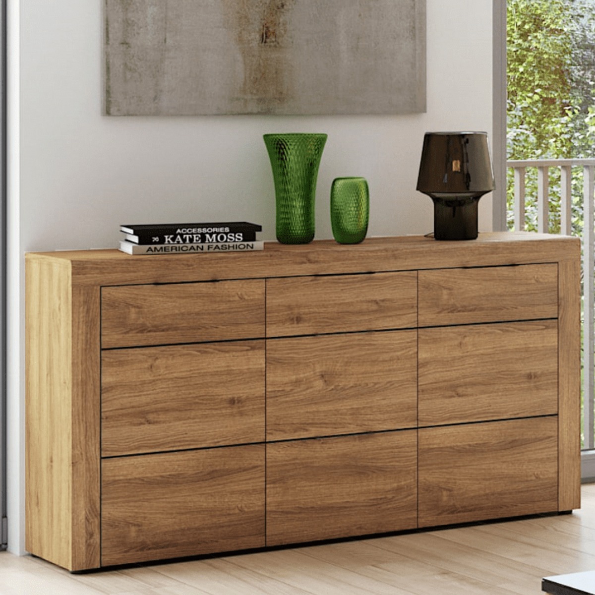 Allison Oak Effect 3 Drawer Large Sideboard with 2 Doors - Oak Effect - Dalton Home