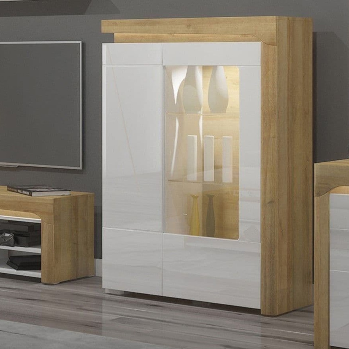 Carole White High Gloss Low Wide Display Cabinet with LED Lights - Oak Effect - Dalton Home