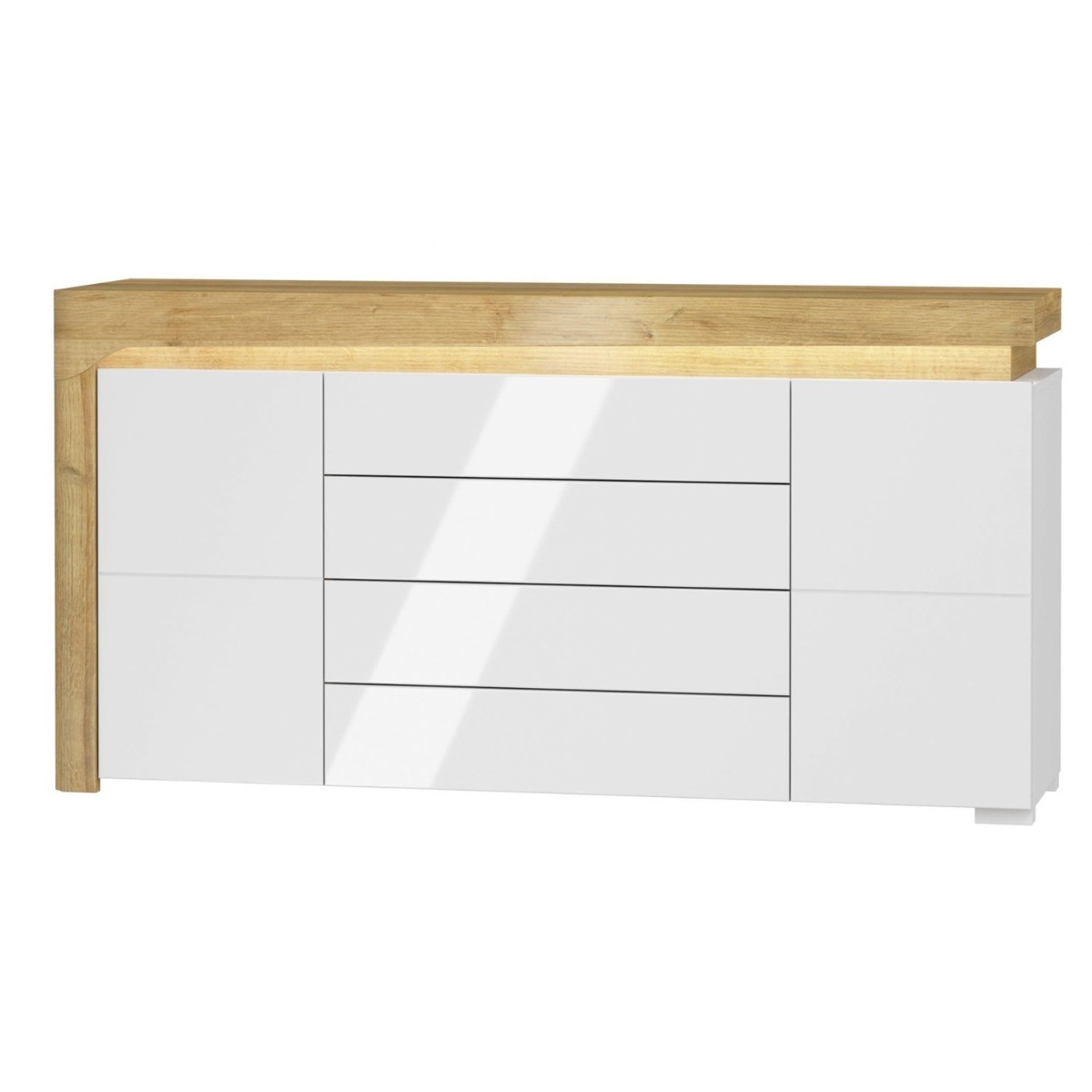 Carole White High Gloss 2 Door Large Sideboard With 4 Drawers and Lights - Oak Effect - Dalton Home