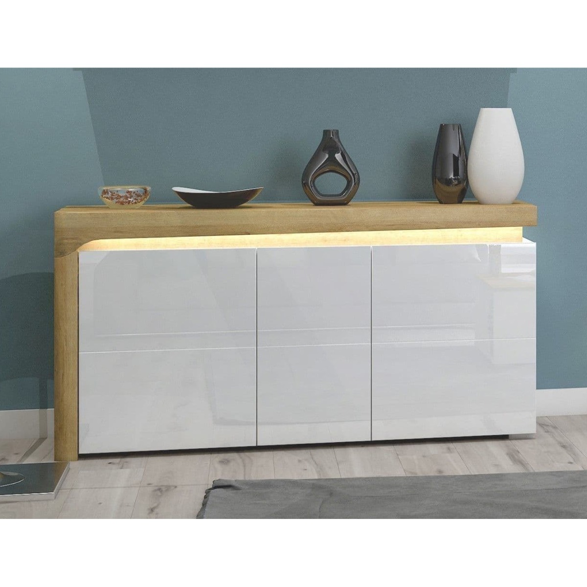 Carole White High Gloss 3 Door Sideboard With Lights - Oak Effect - Dalton Home