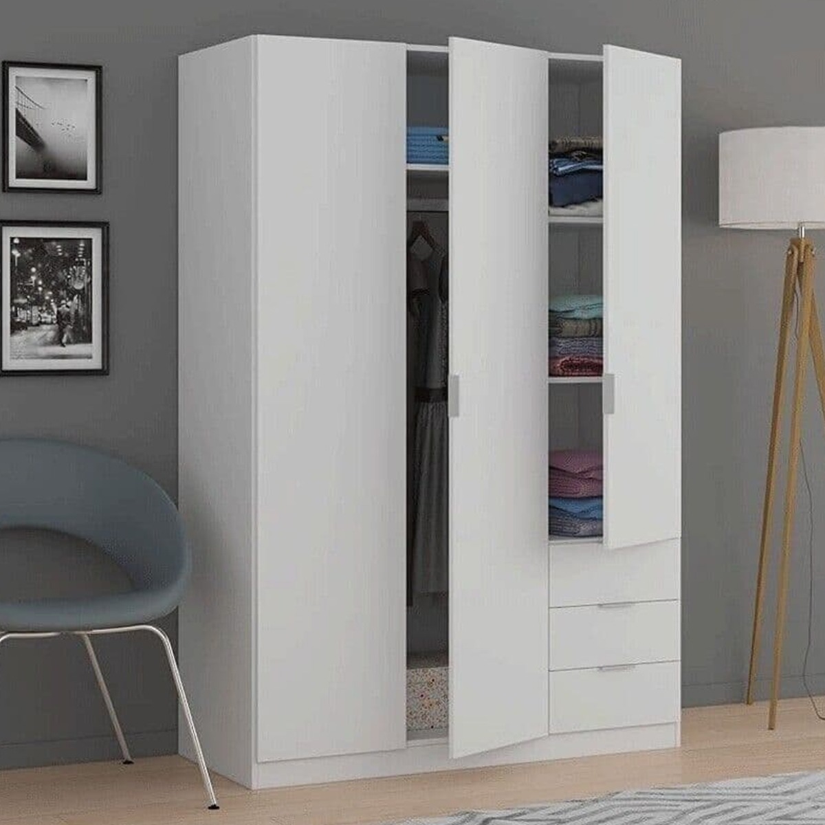 Wardrobe - HARVEY 3 Door Wardrobe White 121cm - Dalton Home
