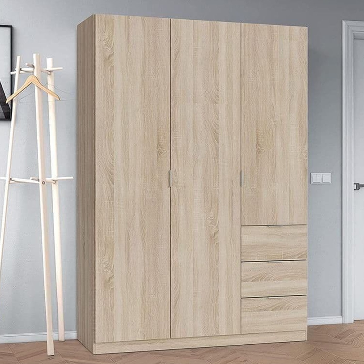 Wardrobe - HARVEY 3 Door 3 Drawer Wardrobe Oak Effect 135cm - Dalton Home