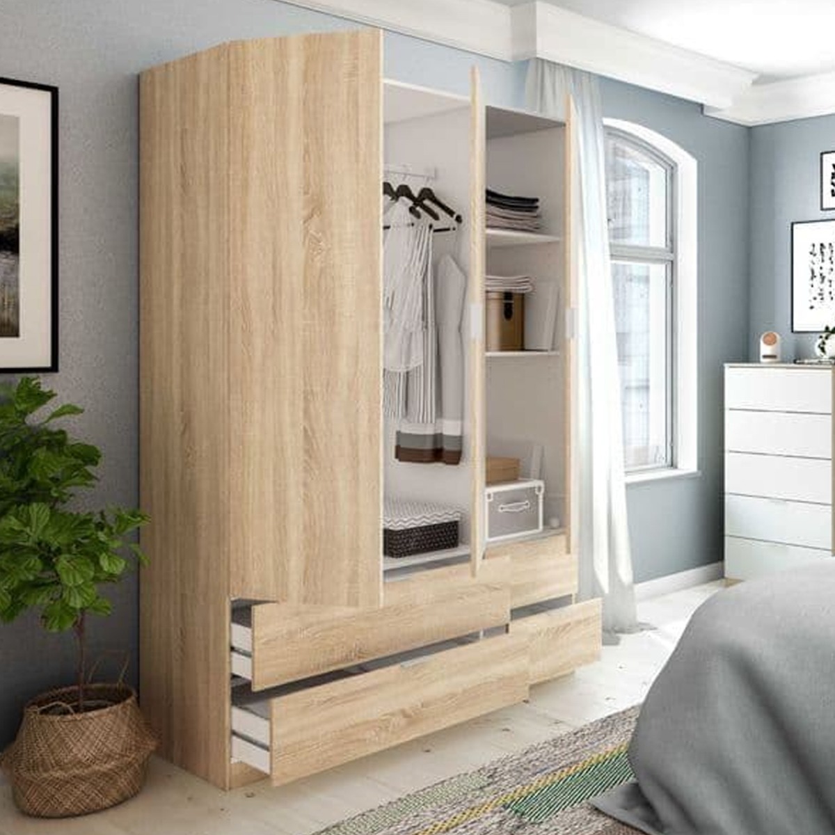 Wardrobe - HARVEY 3 Door 4 Drawer Wardrobe Oak Effect 135cm - Dalton Home