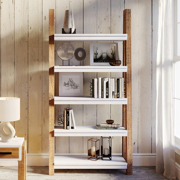 Becky Scandic Theme Reclaimed Wood Large Bookcase Open Five Shelf - Vantage Point