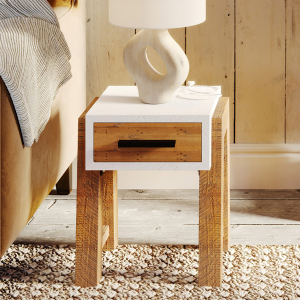 Becky Scandic Theme Reclaimed Wood Open Side Table With Single Drawer - Vantage Point