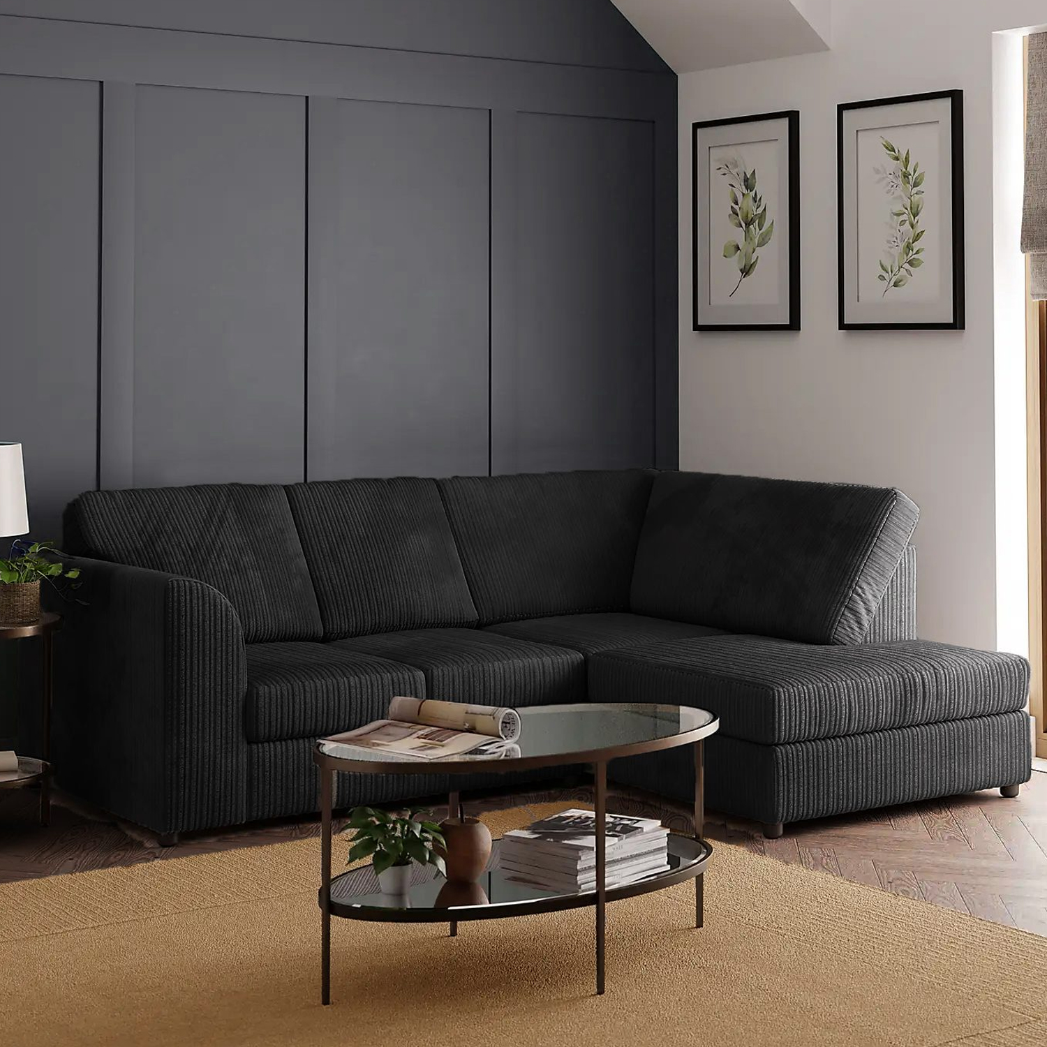 BLAKE Jumbo Cord 4 Seater L Shaped Fullback Corner Sofa - Black, Right Hand Facing - Home Done