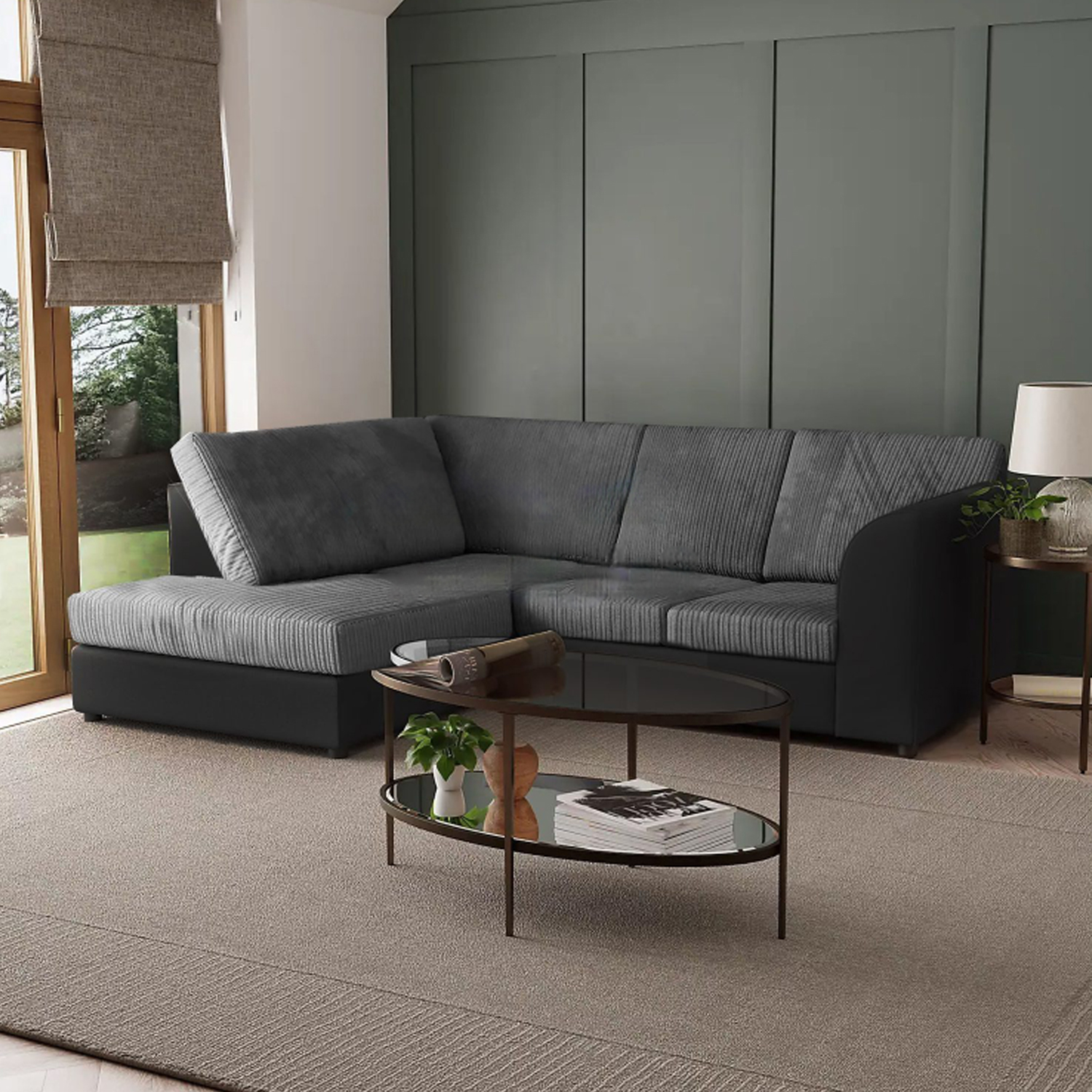 BLAKE Jumbo Cord 4 Seater L Shaped Fullback Corner Sofa - Black with Grey, Left Hand Facing - Home Done