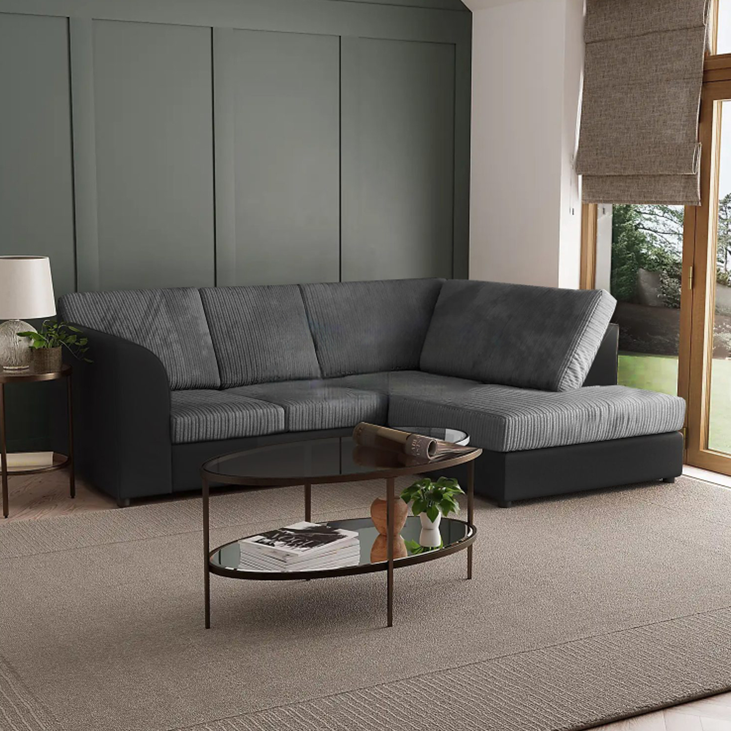 BLAKE Jumbo Cord 4 Seater L Shaped Fullback Corner Sofa - Black with Grey, Right Hand Facing - Home Done