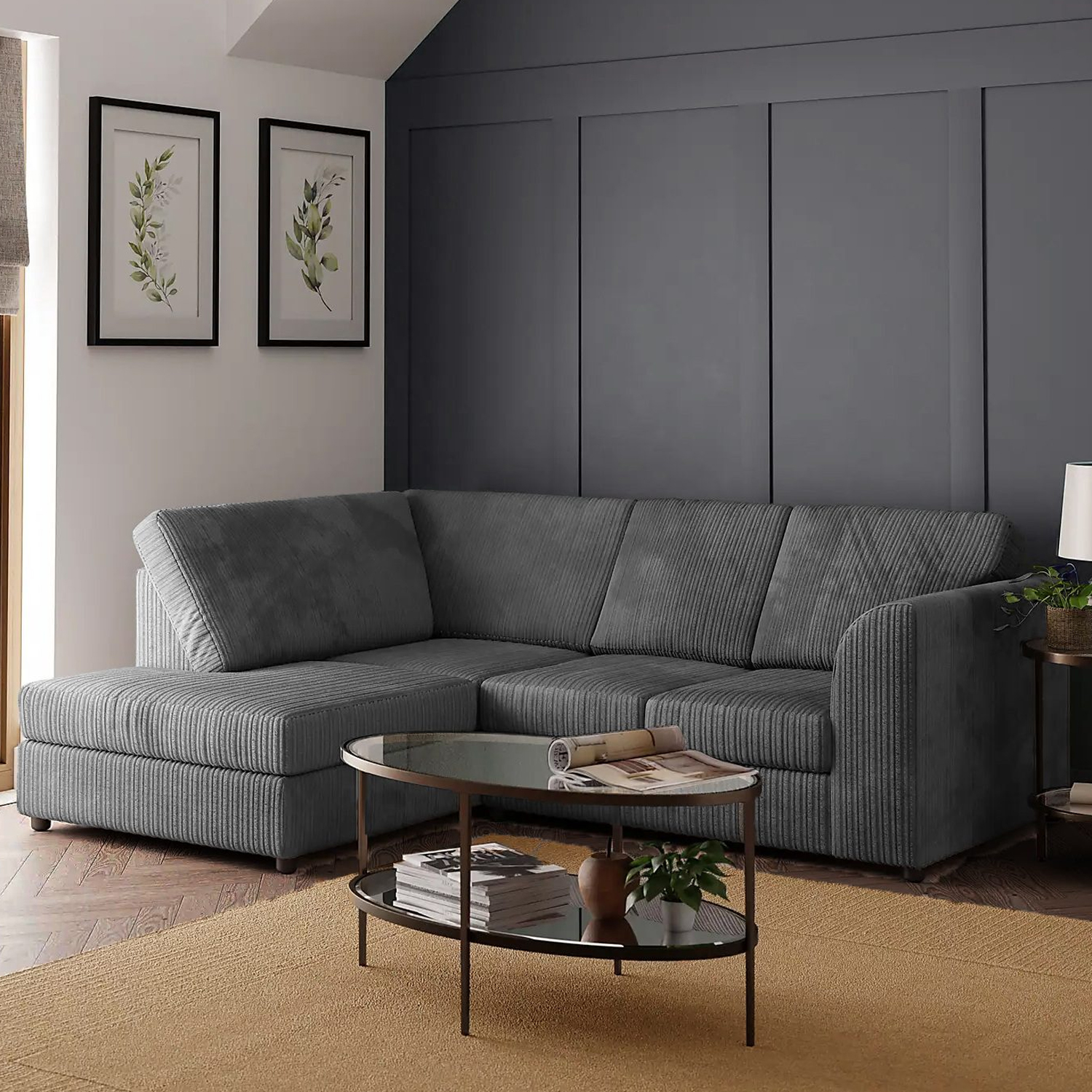 BLAKE Jumbo Cord 4 Seater L Shaped Fullback Corner Sofa - Grey, Left Hand Facing - Home Done