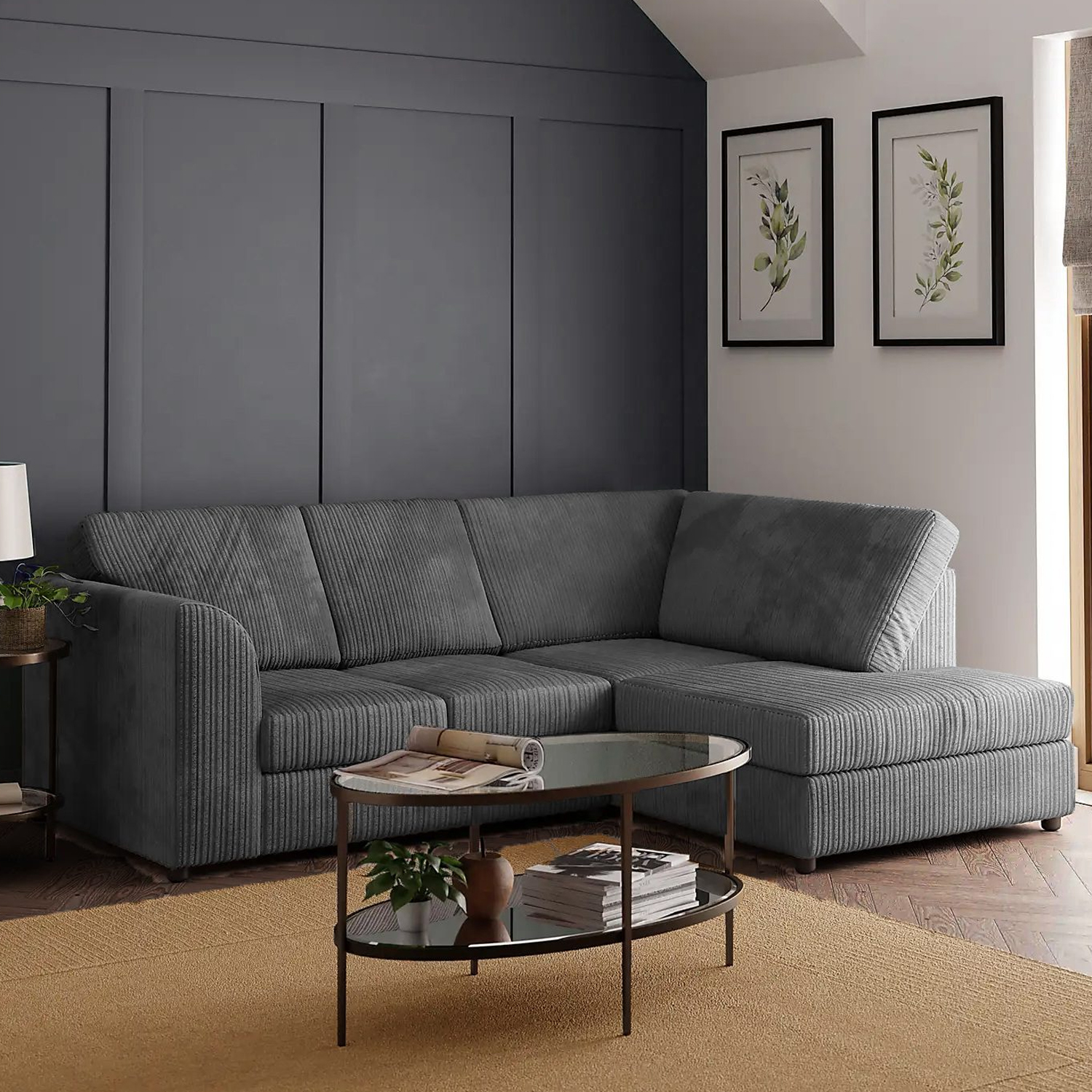 BLAKE Jumbo Cord 4 Seater L Shaped Fullback Corner Sofa - Grey, Right Hand Facing - Home Done