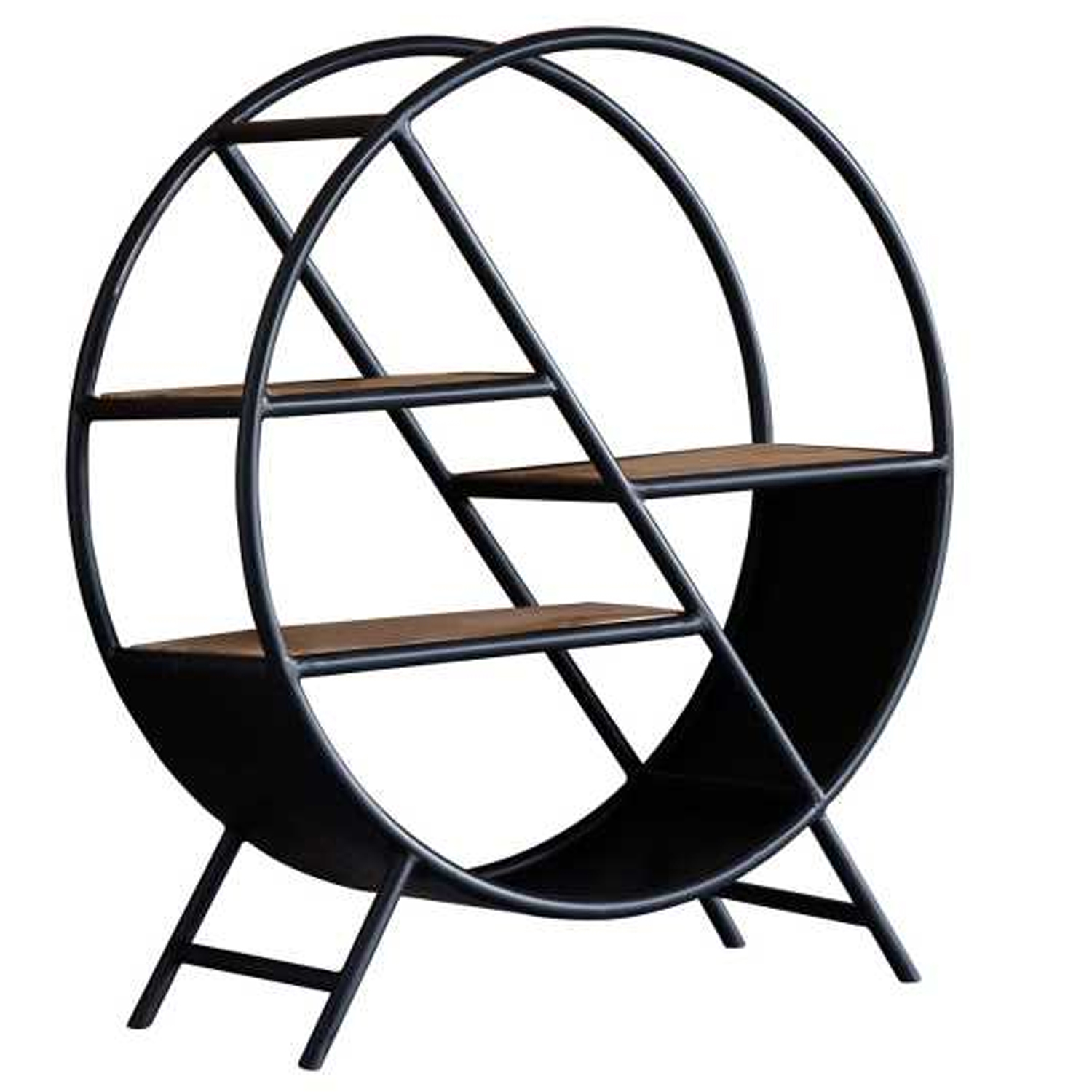Michelle Industrial Style Round Open Bookcase with Natural Hardwood and Iron Frame - Elfrida Interiors