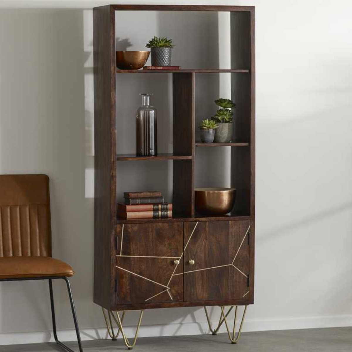 Georgina Abstract Style Gold Frame 2 Door Large Bookcase - Dark Walnut Finish - Elfrida Interiors