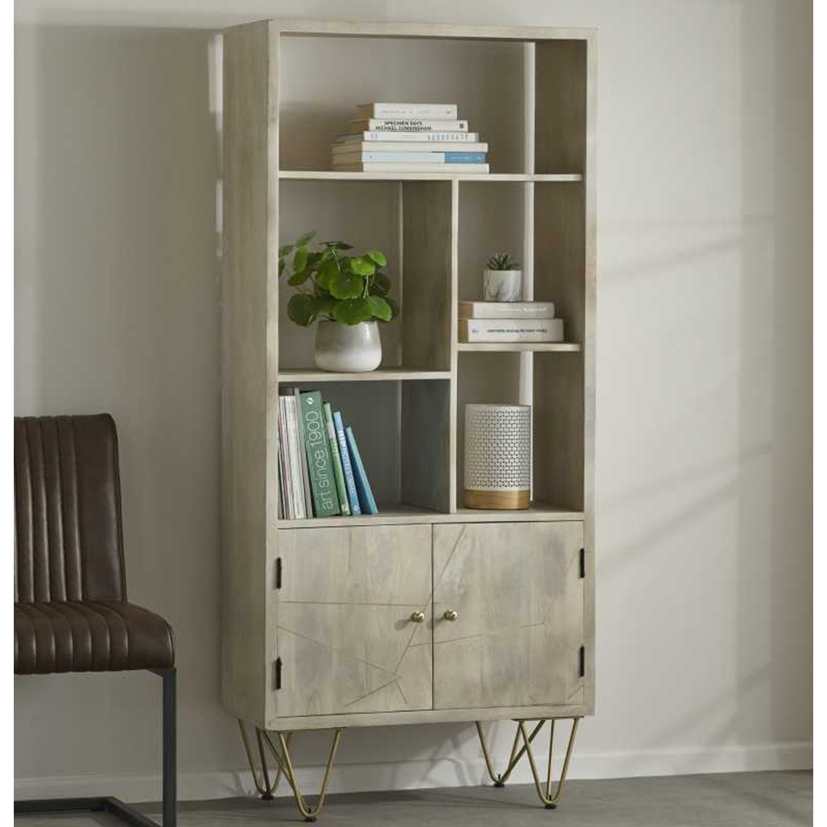 Georgjna Abstract Style Gold Frame 2 Door Large Bookcase - Light Natural Finish - Elfrida Interiors