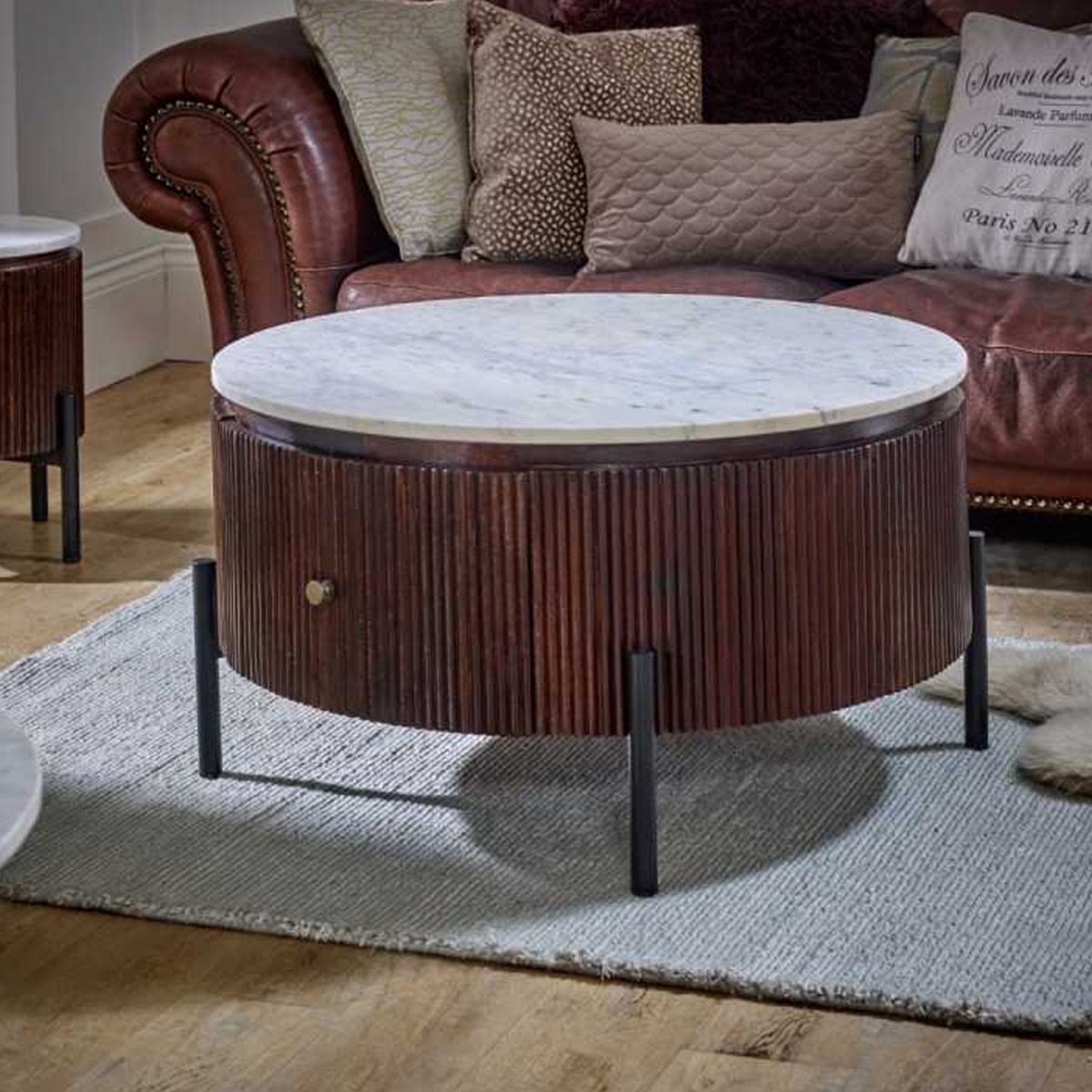 Hendry Fluted Style Metal Legs Mango Wood Round Coffee Table With White Marble Top - Elfrida Interiors