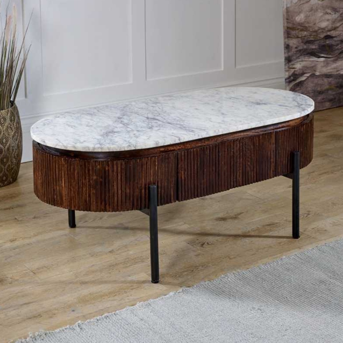 Hendry Fluted Style Metal Legs Mango Wood Rectangular Coffee Table With White Marble Top - Elfrida Interiors