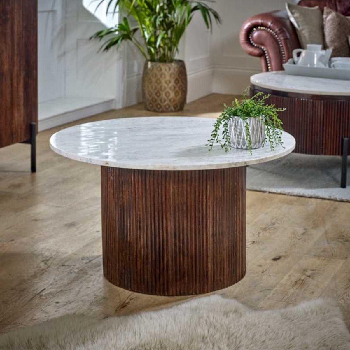 Hendry Fluted Style Mango Wood Coffee Table With White Marble Top - Elfrida Interiors
