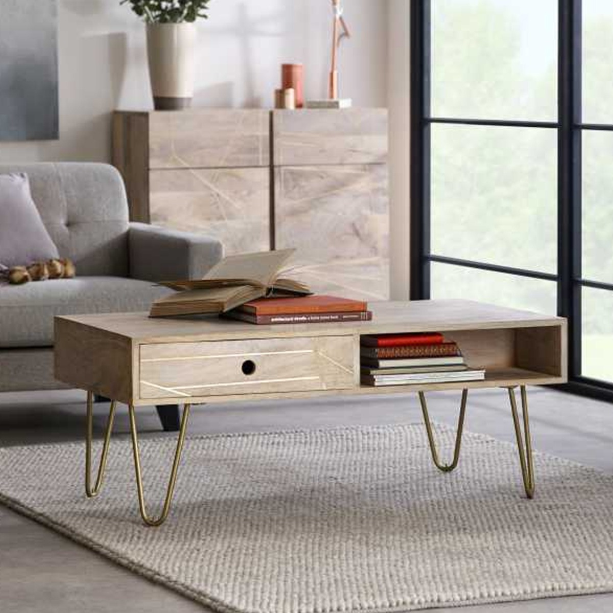 Georgina Abstract Style Gold Frame Rectangular Coffee Table With Drawer - Light Natura Finish - Elfrida Interiors