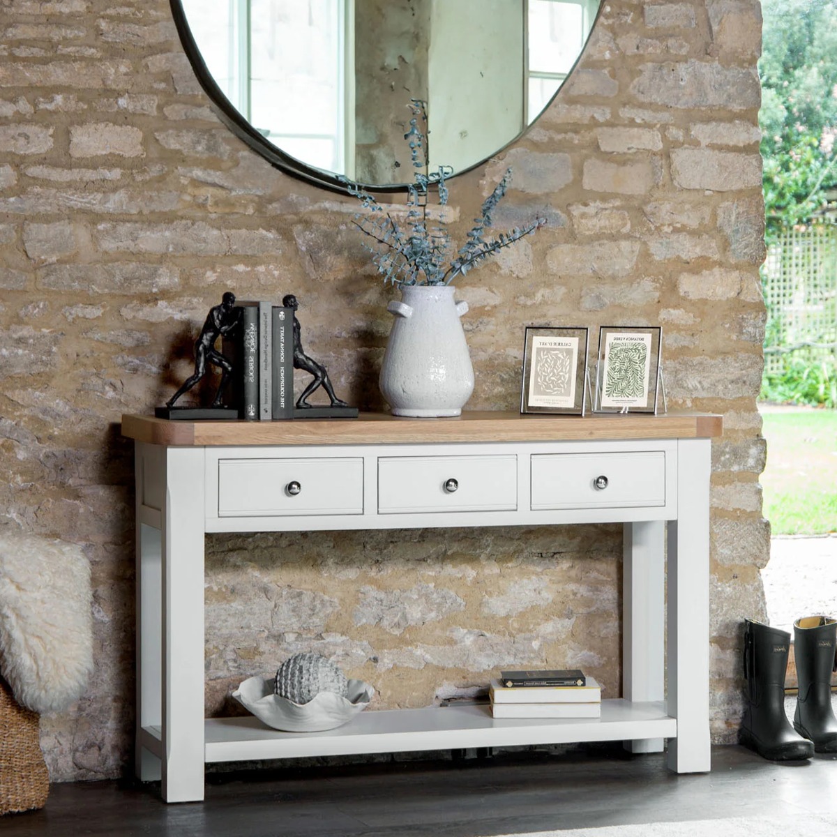 Chunky Oak Console Table with 3 Drawers and Open Magazine Shelf - White - Kettle Homes