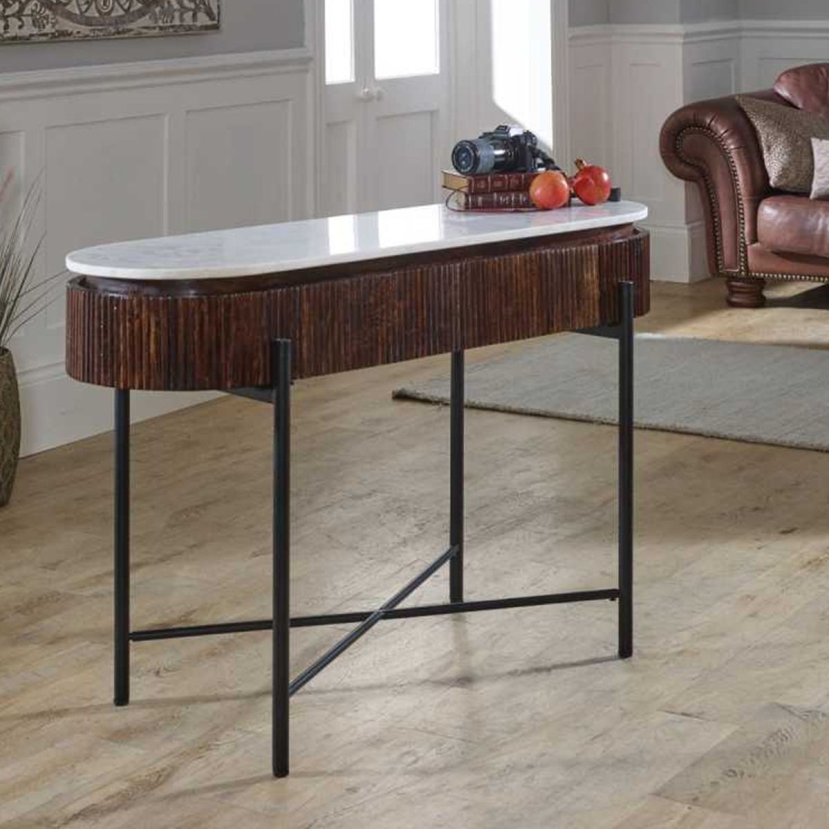 Hendry Metal Legs Mango Wood Console Table - White Marble Top - Elfrida Interiors