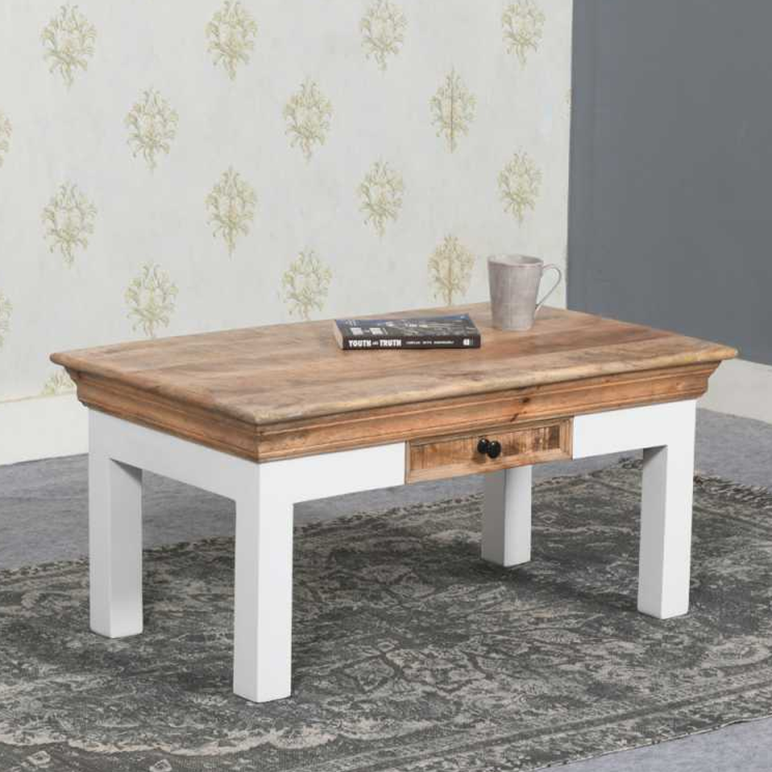 Deacon Solid Mango Wood Coffee Table With Drawer - White and Natural Finish - Elfrida Interiors