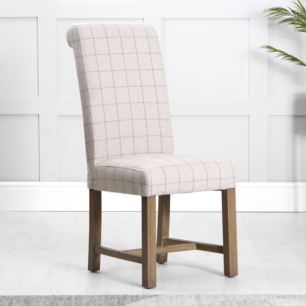 Wool Scroll Back Dining Chair with Oak Legs - Check Pattern Natural - Kettle Homes