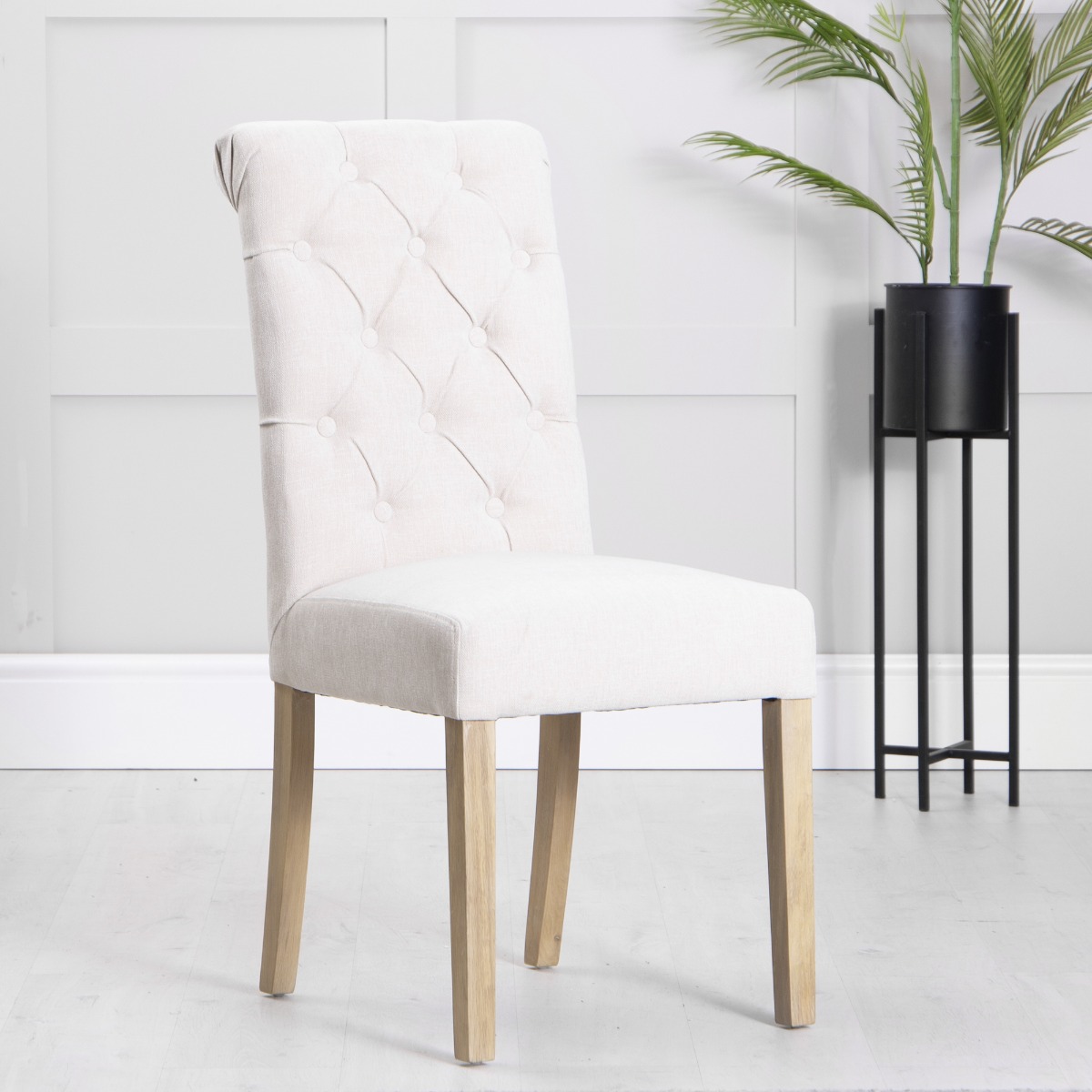 Scroll Top Button Back Dining Chair with Oak Legs - Natural - Kettle Homes