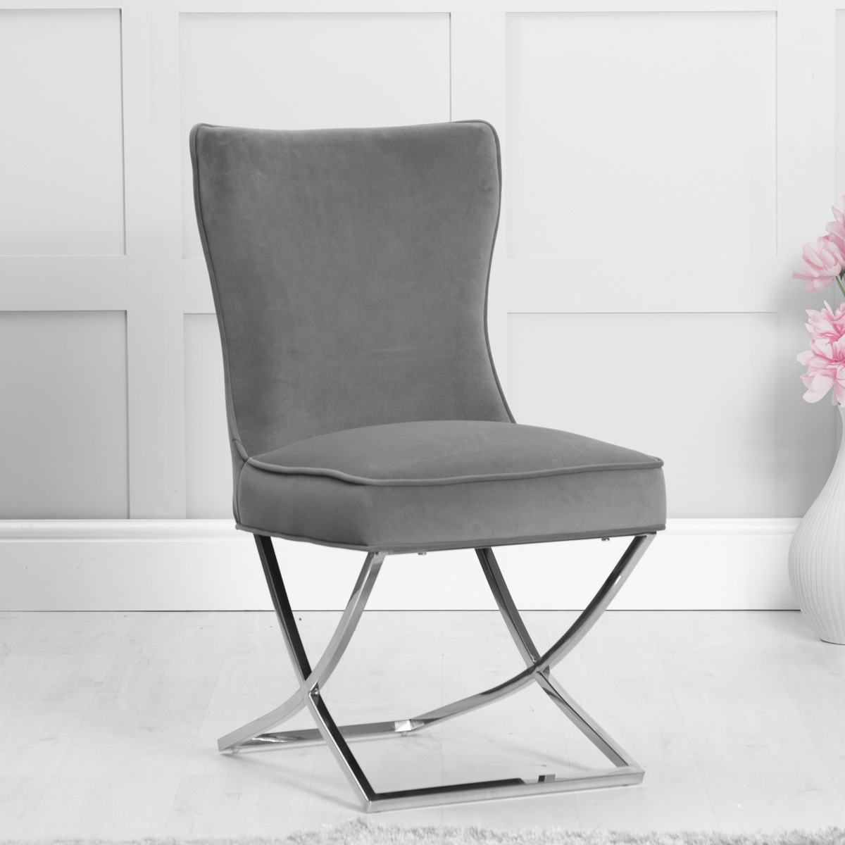 Grey Velvet Dining Chair with Button Back Detailing and Chrome X Legs - Kettle Homes