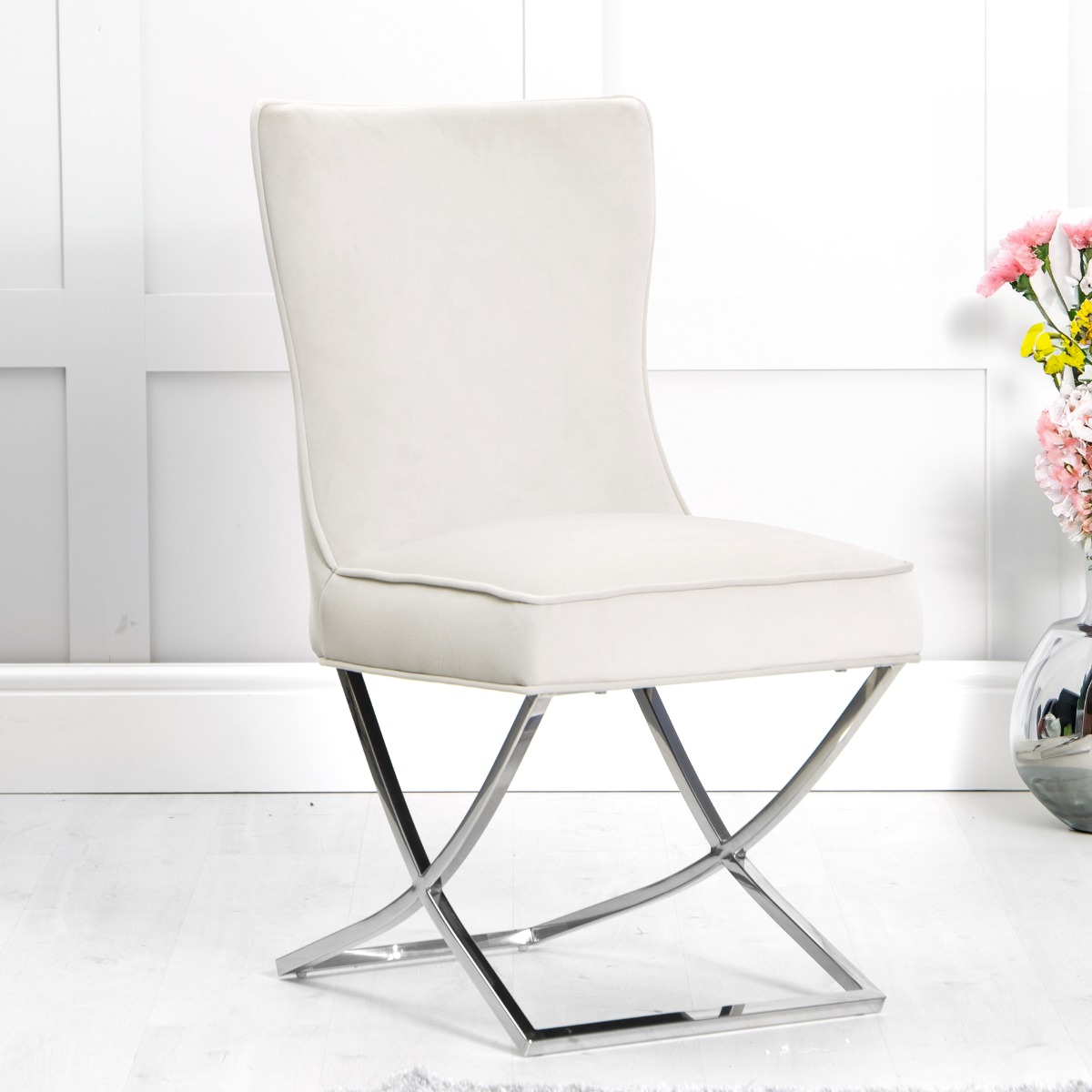 Taupe Velvet Dining Chair with Button Back Detailing and Chrome X Legs - Kettle Homes