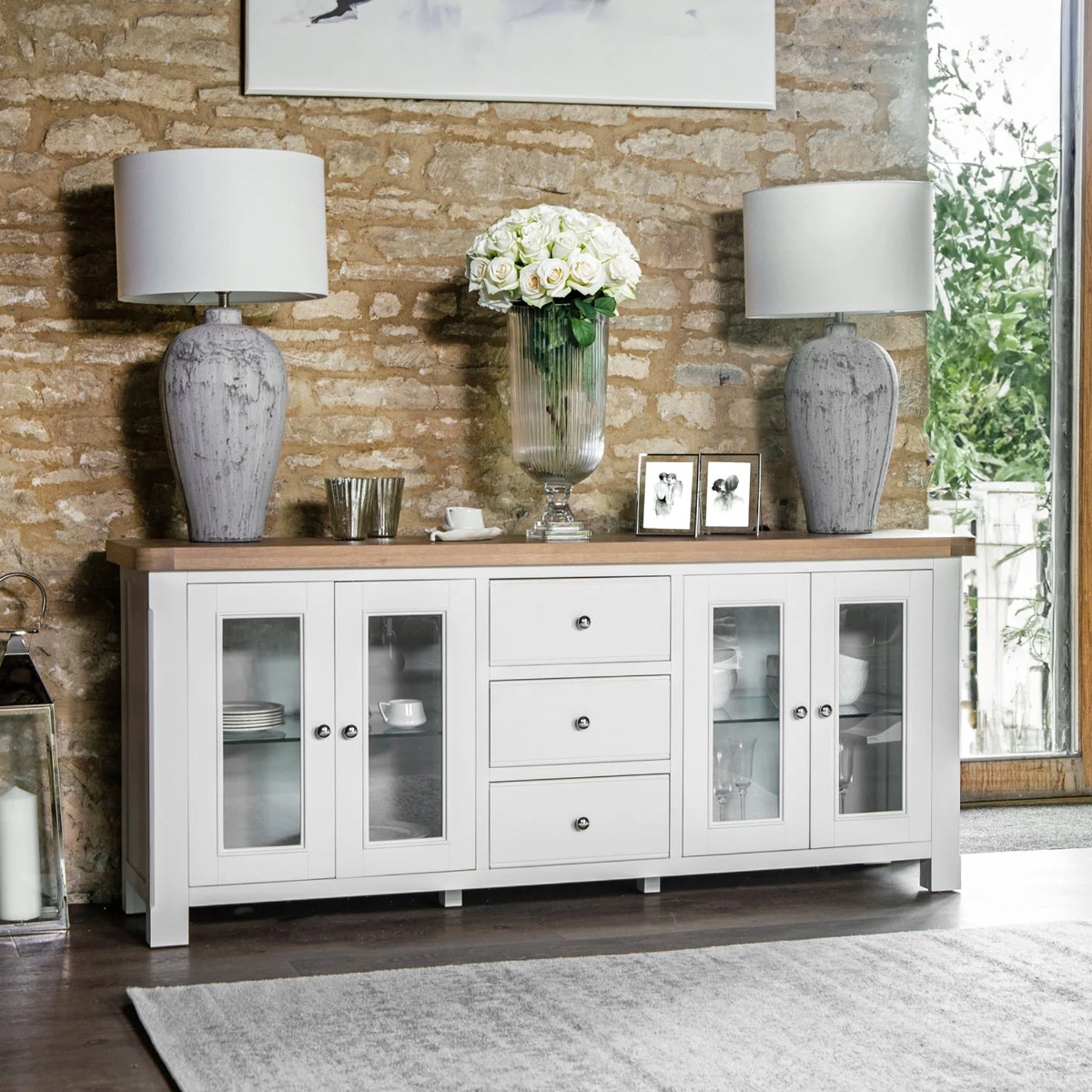 Oak Top Double Door Sideboard with 3 Drawers - White - Kettle Homes