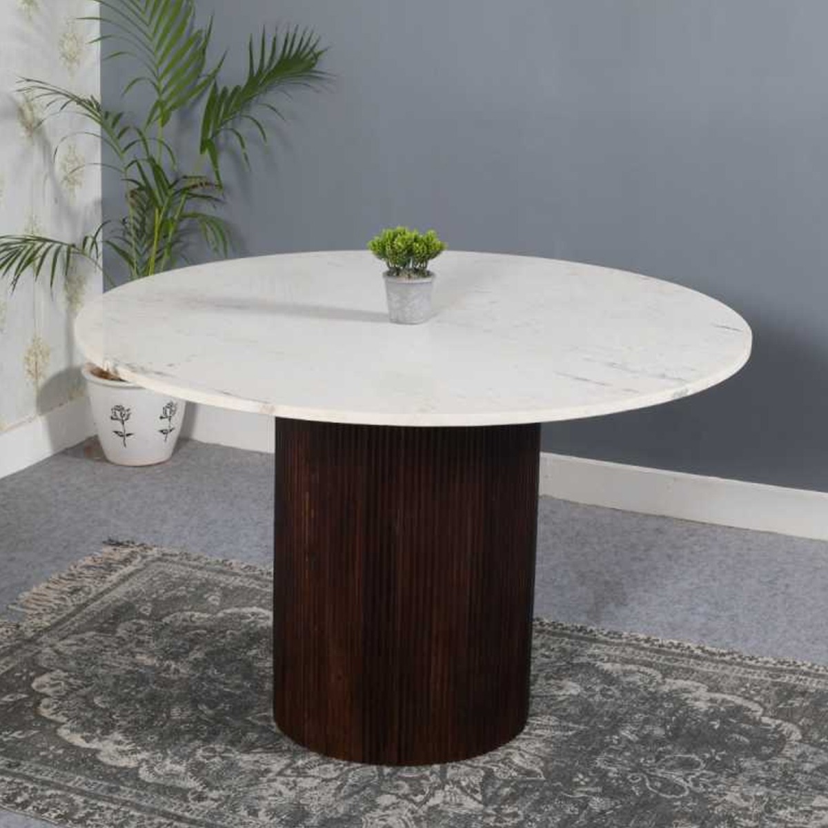 Hendry Mango Wood Round Dining Table - White Marble Top - Elfrida Interiors