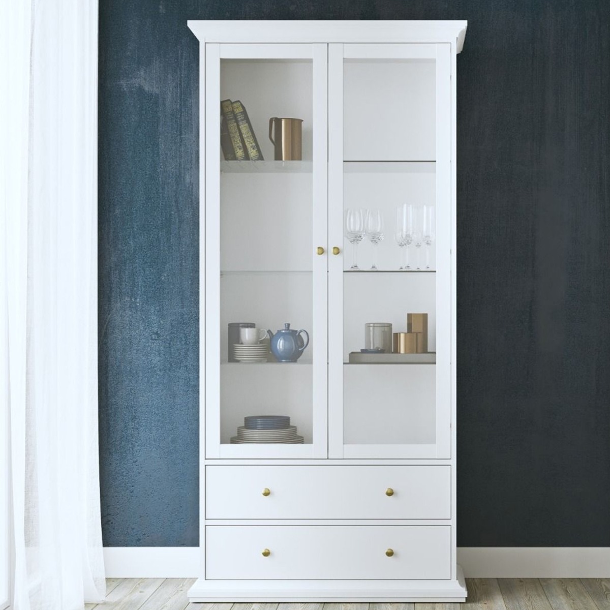 Ewelina Modern Design Display Cabinet with 2 Door and 2 Drawer - White - Rosalind Collection